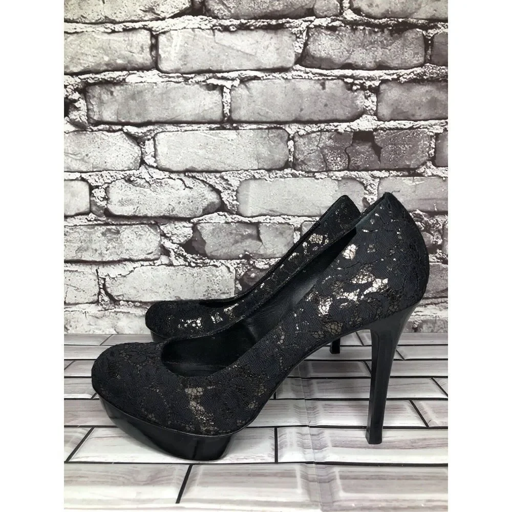 Tory Burch Black Leather Floral Fabric Platform Stiletto High Heels Women Sz 8M - Picture 9 of 16